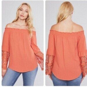 Off-Shoulder Coral Blouse W/Crochet Lace Bell Sleeves Lightweight